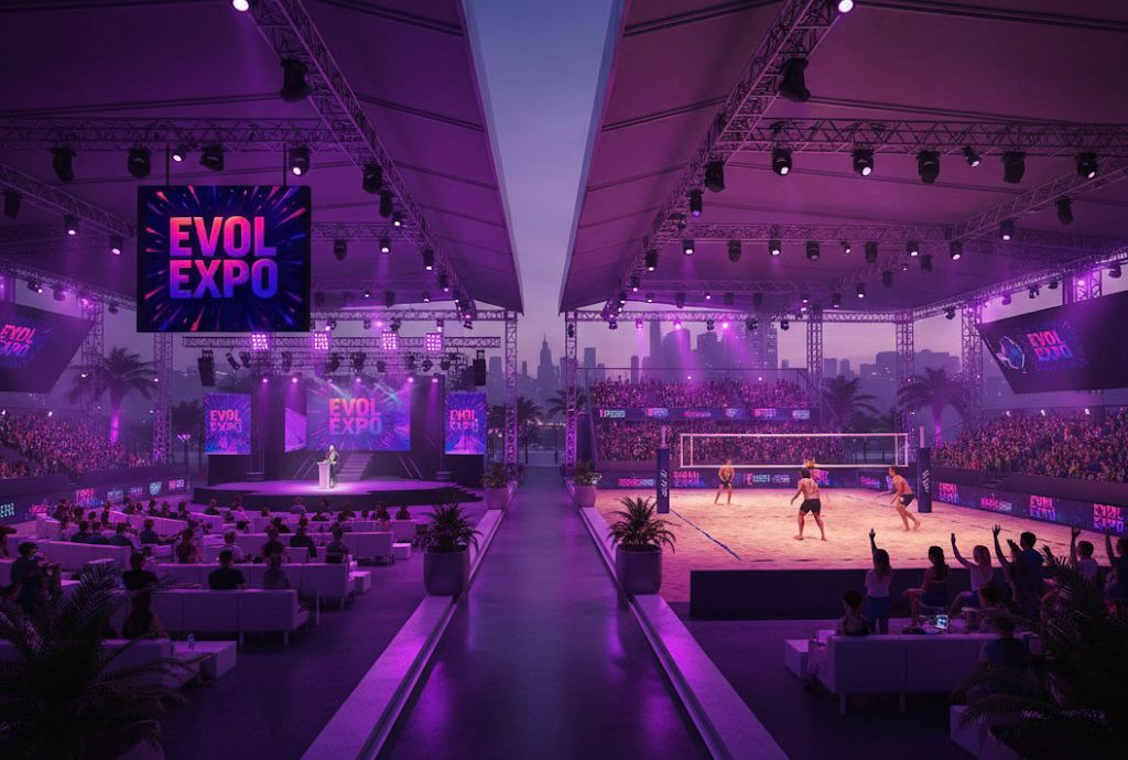 Imagem panorâmica do evento "EVOL EXPO" com iluminação roxa, dividida entre um palco com plateia à esquerda e uma quadra de vôlei de areia com jogo em andamento à direita.