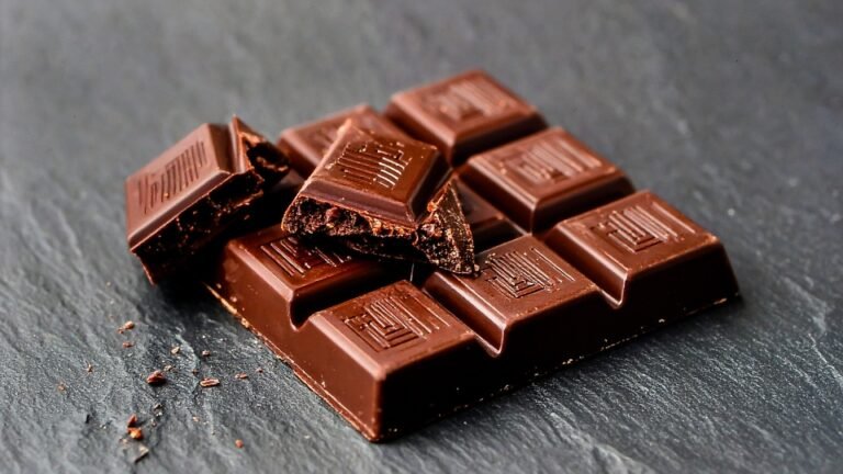 Pedaços de chocolate amargo com alto teor de cacau quebrado sobre uma superfície rústica de pedra escura.