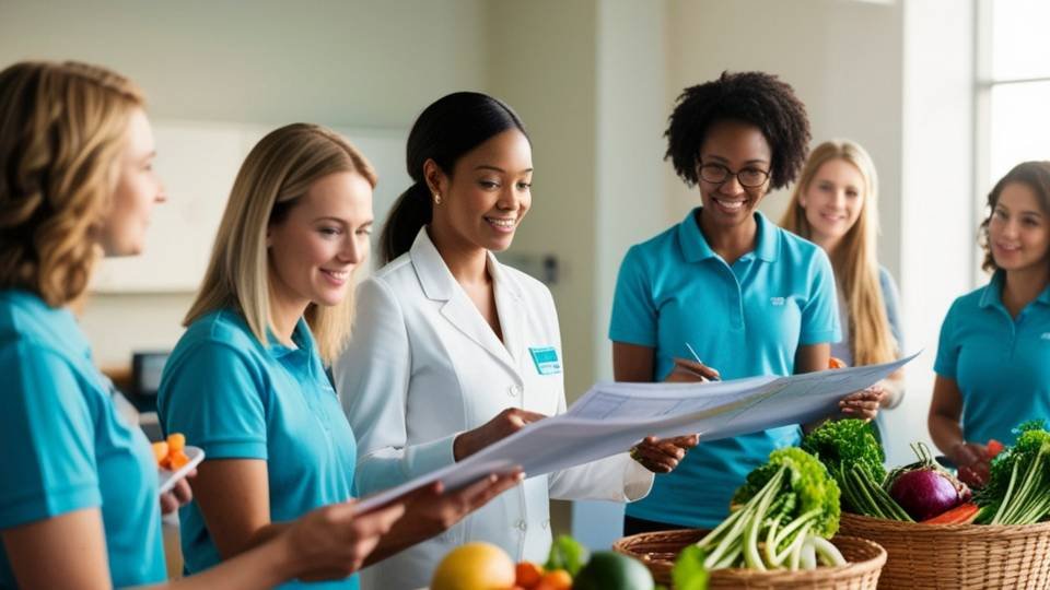 Uma profissional de jaleco branco analisa um documento impresso junto a um grupo de mulheres em um ambiente iluminado. Elas estão cercadas por cestas de vime repletas de vegetais frescos, como brócolis e pimentões. O clima é de orientação e trabalho em equipe focado em nutrição.