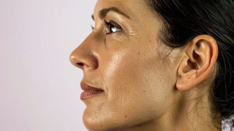 Fotografia em close e de perfil do rosto de uma mulher com pele madura, destacando a textura natural da pele, poros e linhas de expressão, contra um fundo claro e neutro.