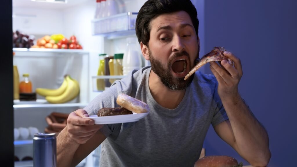 Homem com barba e vestindo camiseta cinza é fotografado em close-up enquanto come um pedaço de pizza com a boca bem aberta. Com a outra mão, ele segura um pires com dois donuts. O cenário ao fundo é o interior de uma geladeira aberta e iluminada, cheia de alimentos como bananas, garrafas e potes. A iluminação geral do ambiente é azulada, sugerindo um lanche no meio da noite.